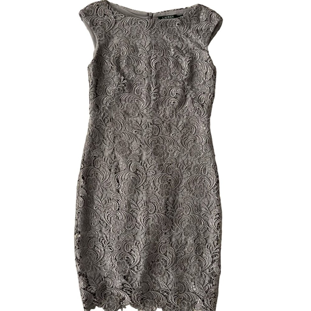 RALPH LAUREN SILVER LACE EVENING COCKTAIL PARTY SHEATH DRESS size 4